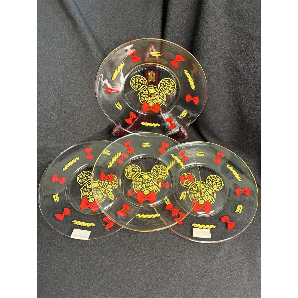 Mickey Mouse Pasta Plates Disney Epcot Italy Buon Appetito Set/4 Clear Glass 8"